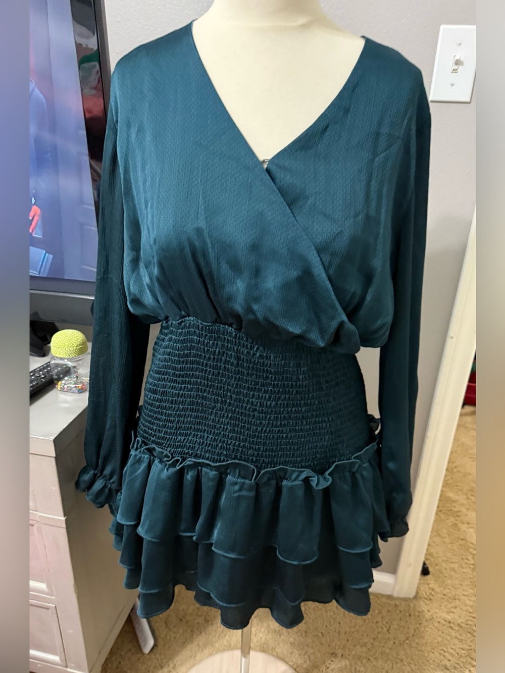 Peach Love California Large Teal Smocked Ruffle Mini Dress